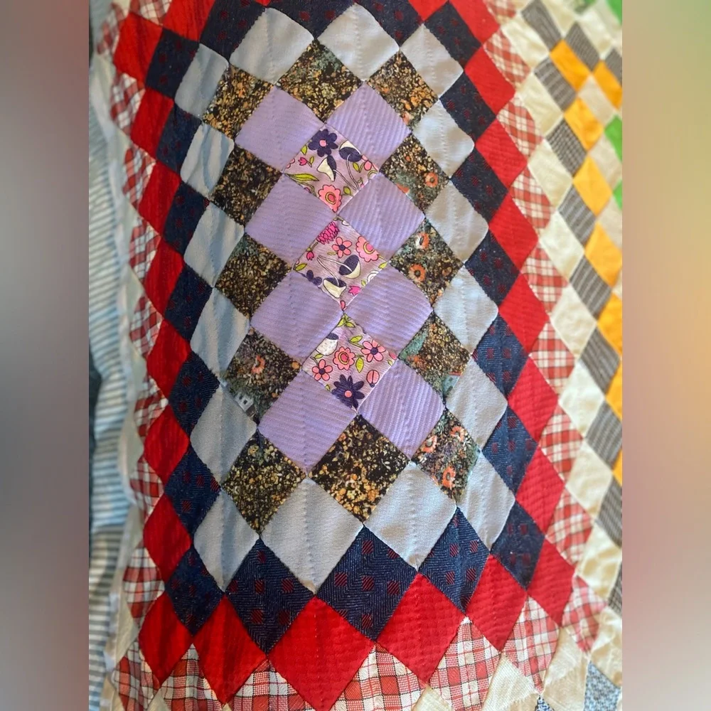 Handmade Multicolor Patchwork Quilt - Vibrant Checkerboard Bedding 99”/74”